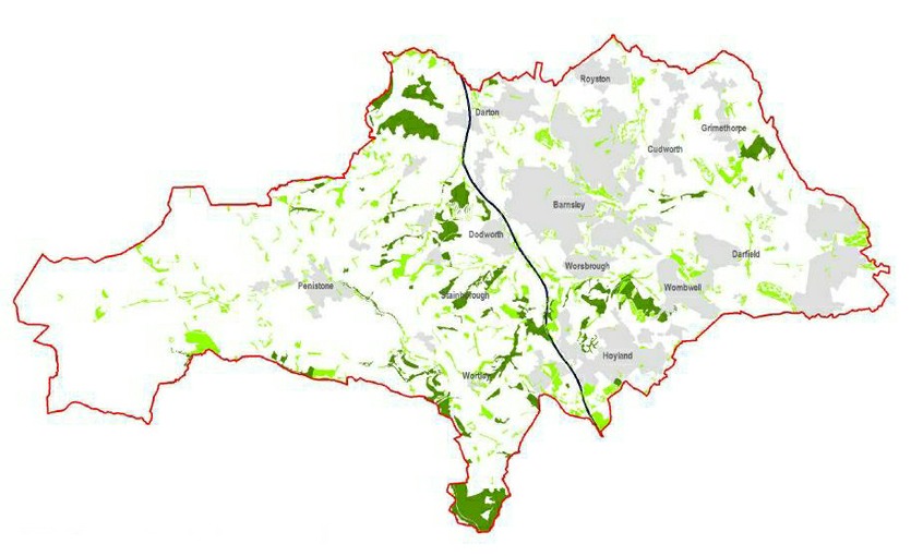 Map showing woodlands in Barnsley