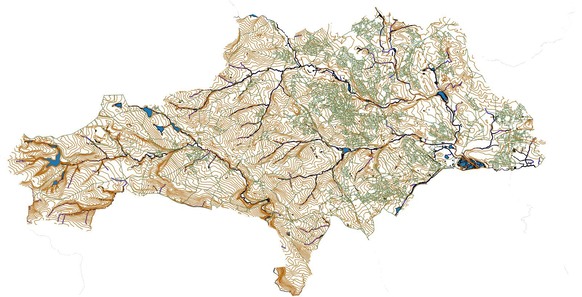 Map of Barnsley showing contours, M1 and rivers